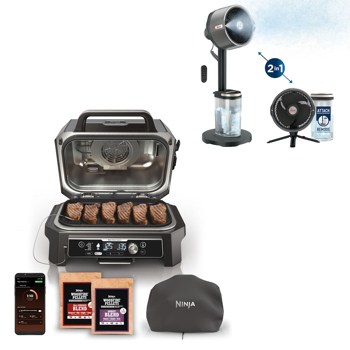 Ninja Woodfire Pro Connect™ XL Outdoor Grill & Smoker and Shark FlexBreeze Pro Mist Fan Bundle